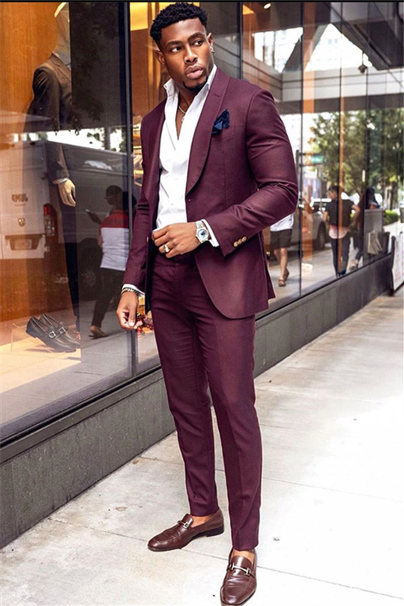 Trendy Burgundy Two Piece Men Suit Shawl Lapel Custom Prom Outfit
