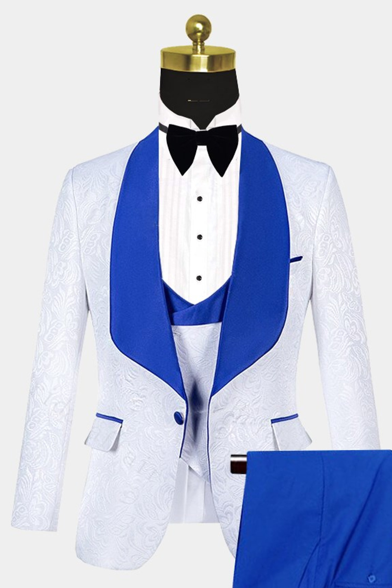 White Jacquard Tuxedo with Blue Shawl Lapel Three-Piece Set