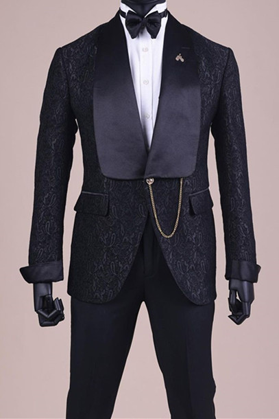Bom Black Jacquard Shawl Lapel Wedding Groom Suit Two-Piece