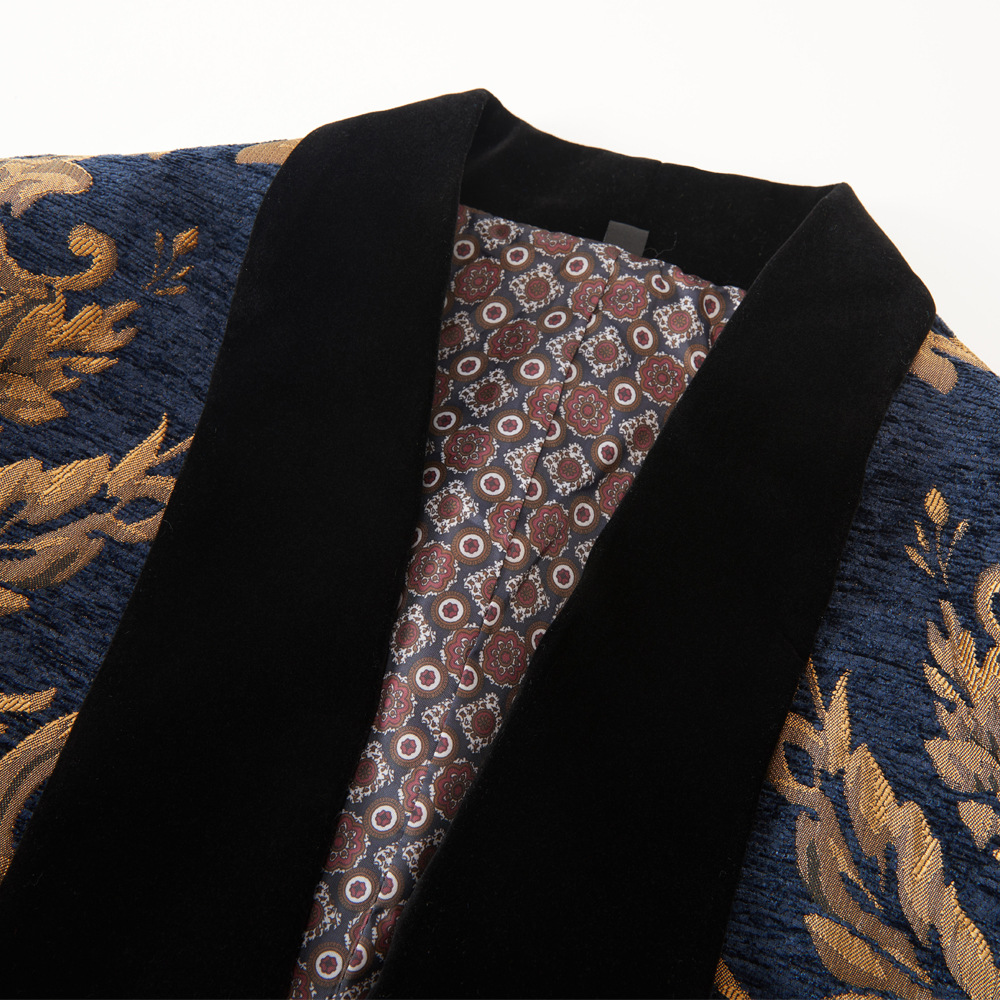 Blue Slim Fit Jacquard Shawl Collar Men Two Piece Suit