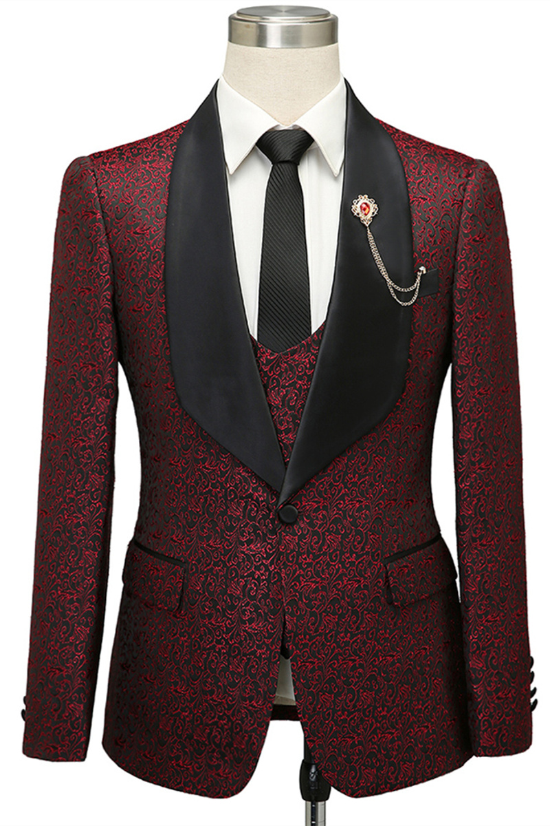Cesar Burgundy One-Button Shawl Lapel Jacquard Wedding Groom Suit