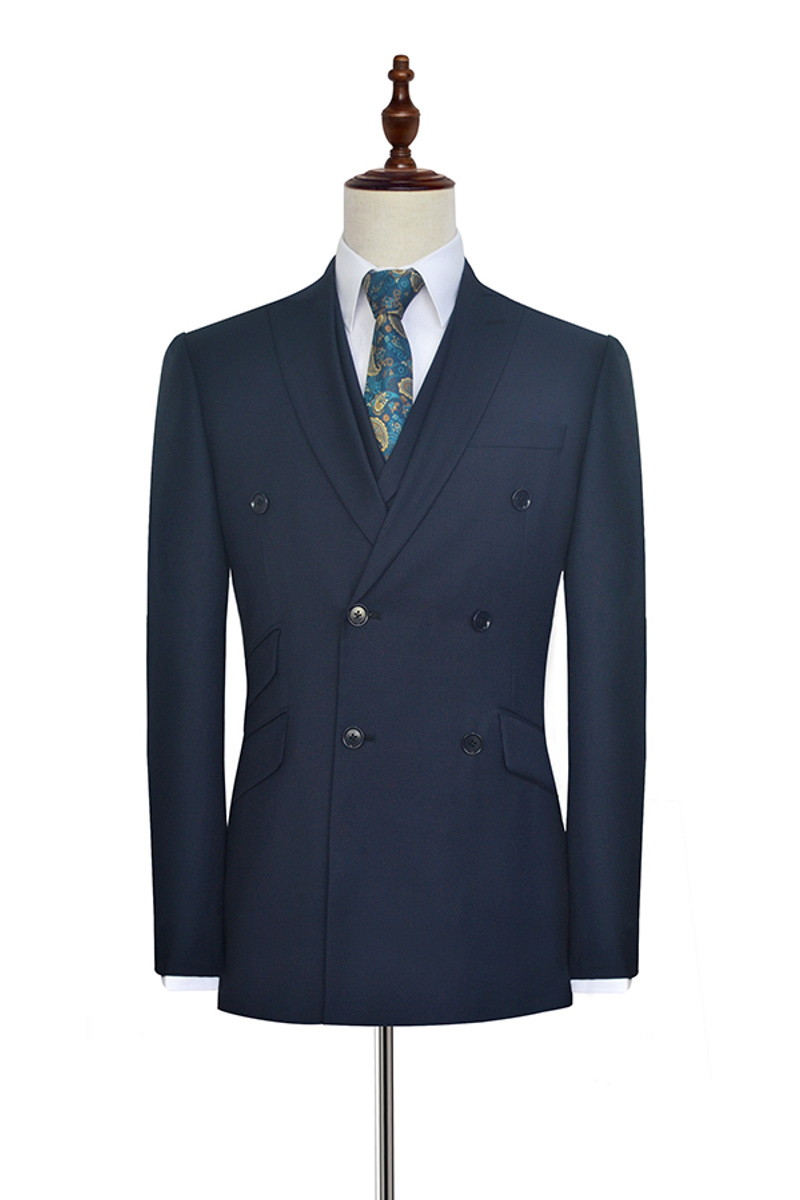 Peak Lapel Double-Breasted Business Formal Suit Three-Piece Dark Navy Blue Suit