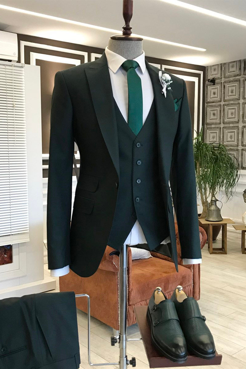 King Black Three Piece Point Lapel One Button Business Suit