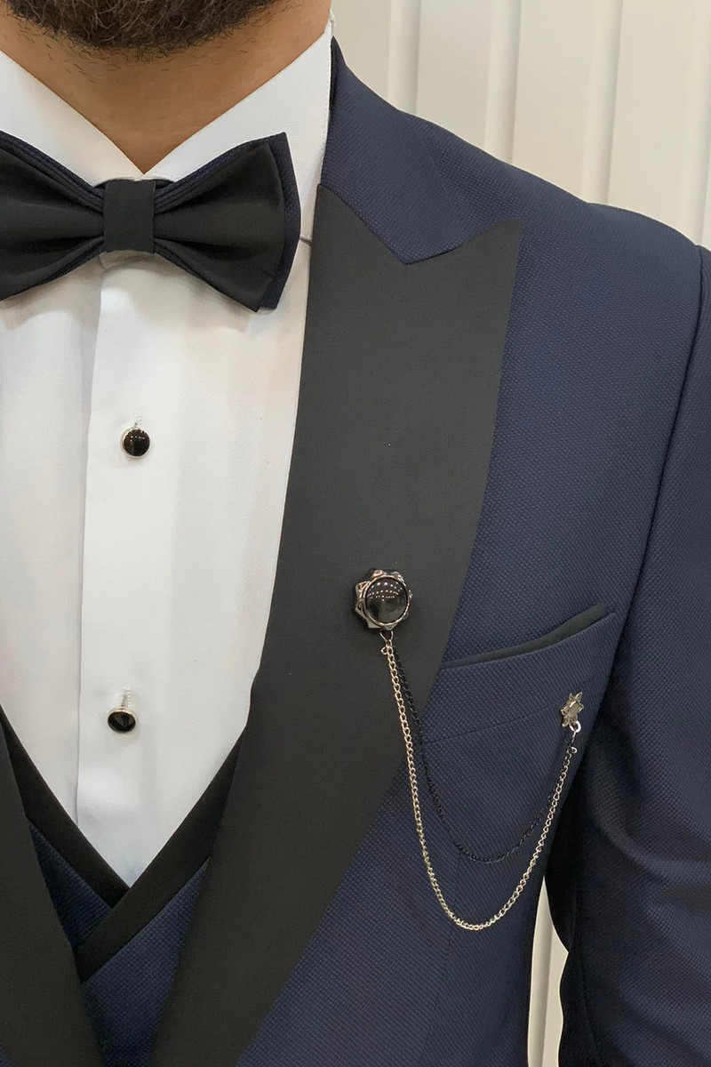 Modern Fashion Navy Blue Velvet Slim Fit Three-Piece Tuxedo with Peak Collar