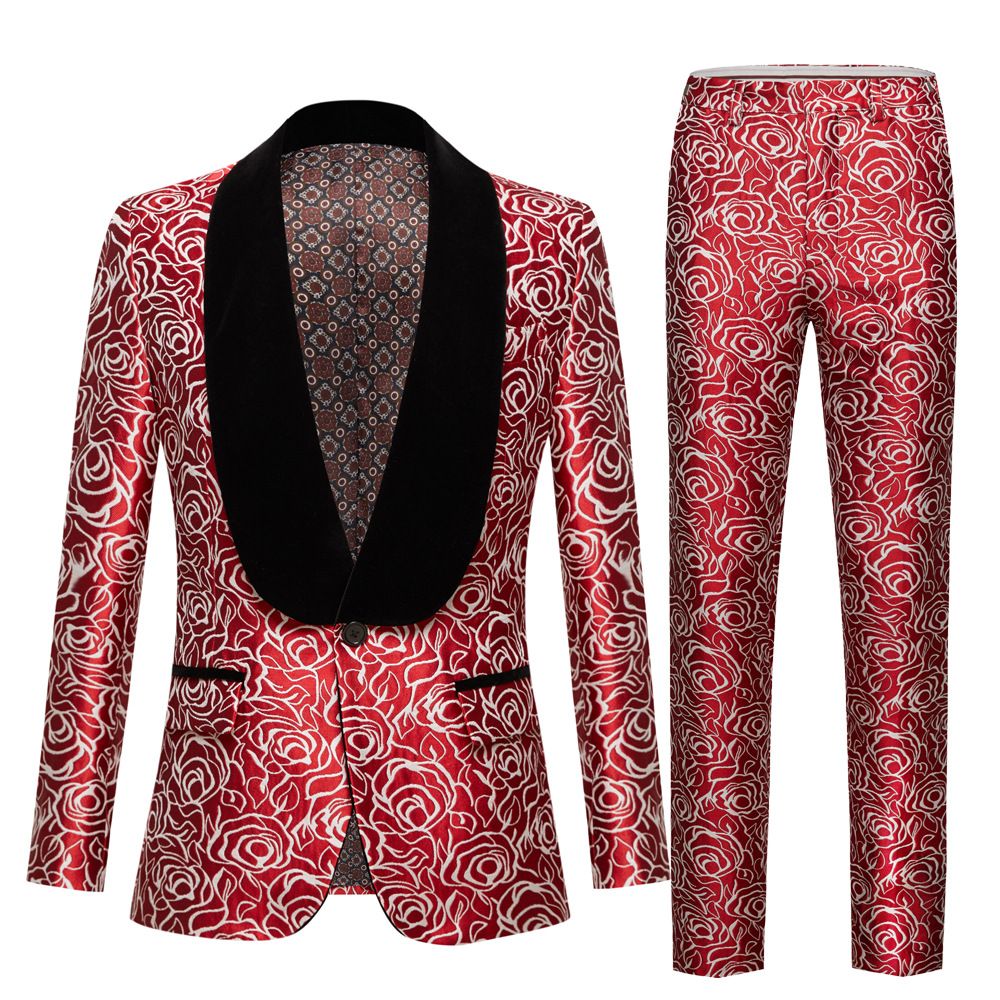 Red Rose Slim Fit Jacquard Shawl Collar One Button Men's Prom Suit