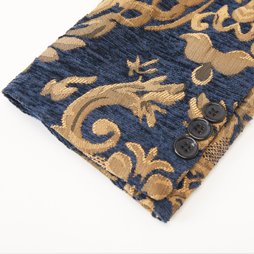 Blue Slim Fit Jacquard Shawl Collar Men Two Piece Suit