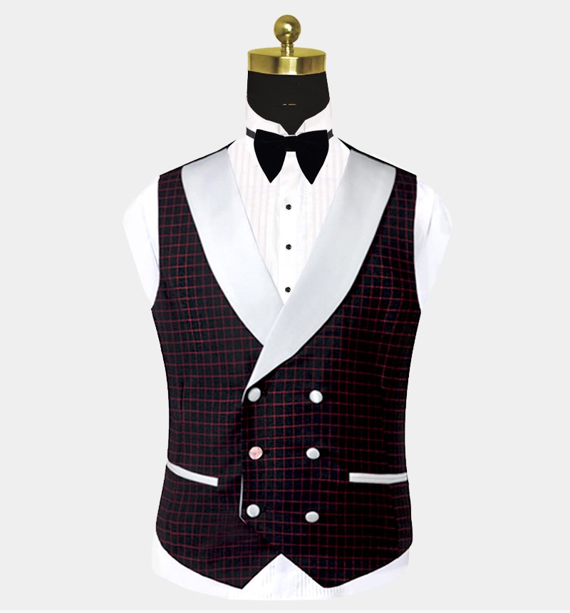 Burgundy Checkered Tuxedo Three-Piece Prom Suit with White Lapel