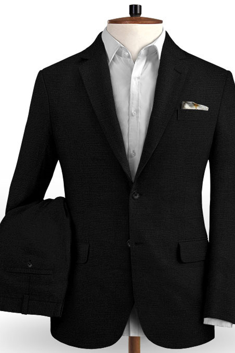 Summer Black Linen Suit Slim Fit Beach Groom Wedding Tuxedo