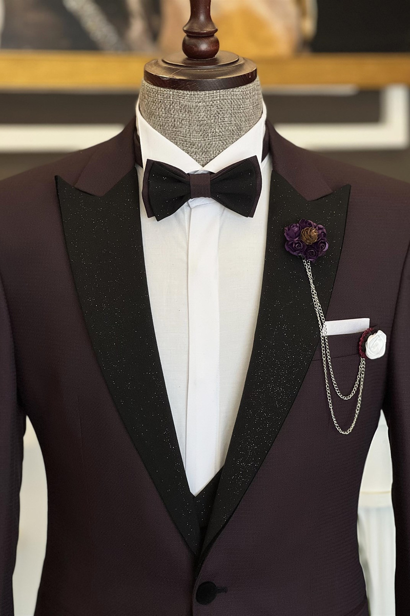 Baldwin Stylish Dark Purple Three-Piece Suit with Shiny Peaked Lapel