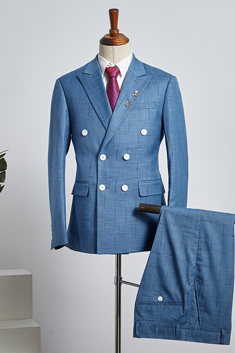 Cash Fashion Blue Check Point Lapel Double Breasted Custom Business Suit