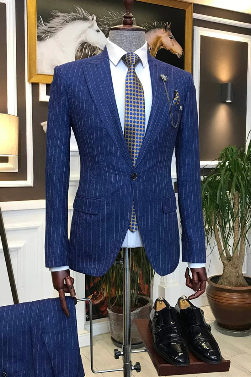 Modern Blue Herringbone Striped Men One Button Two Piece Suit