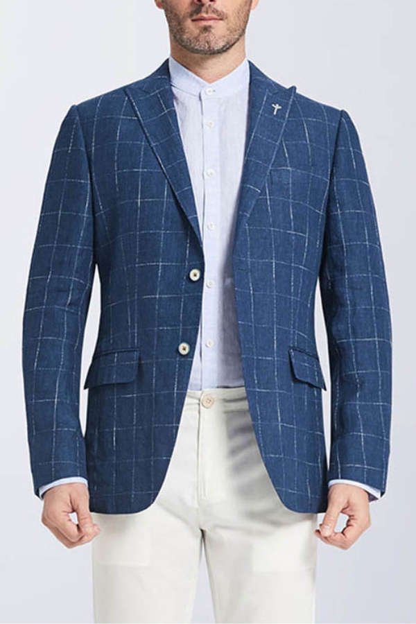Casual Peak Lapel Navy Plaid Blazer Pure Linen New Trailblazer