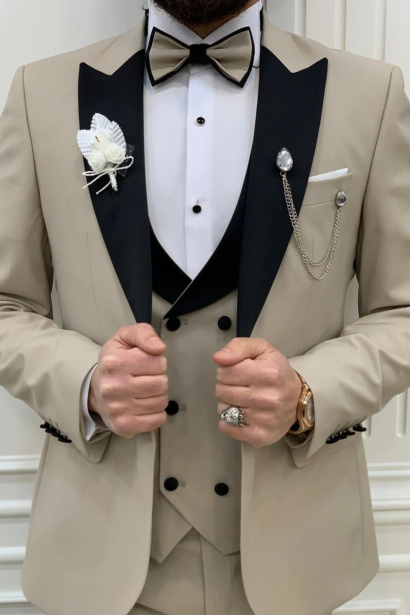 Modern Beige Slim Peak Collar Three-Piece Tuxedo