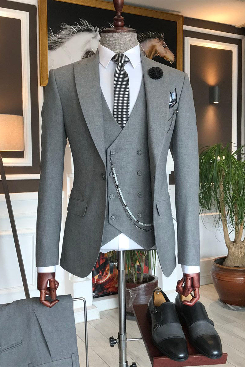 Mark Elegant Three Piece Dark Grey Pointed Lapel Formal Suit