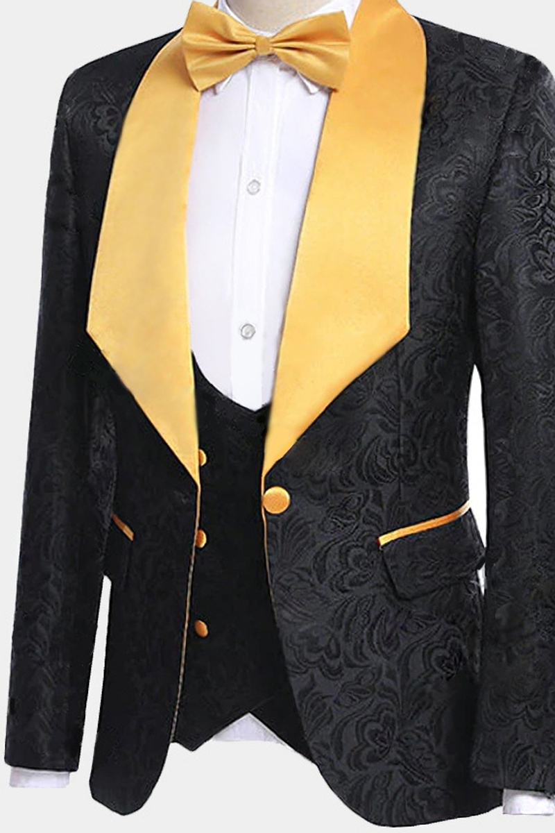 Gold Shawl Lapel Black Jacquard Tuxedo Three Piece Men Suit