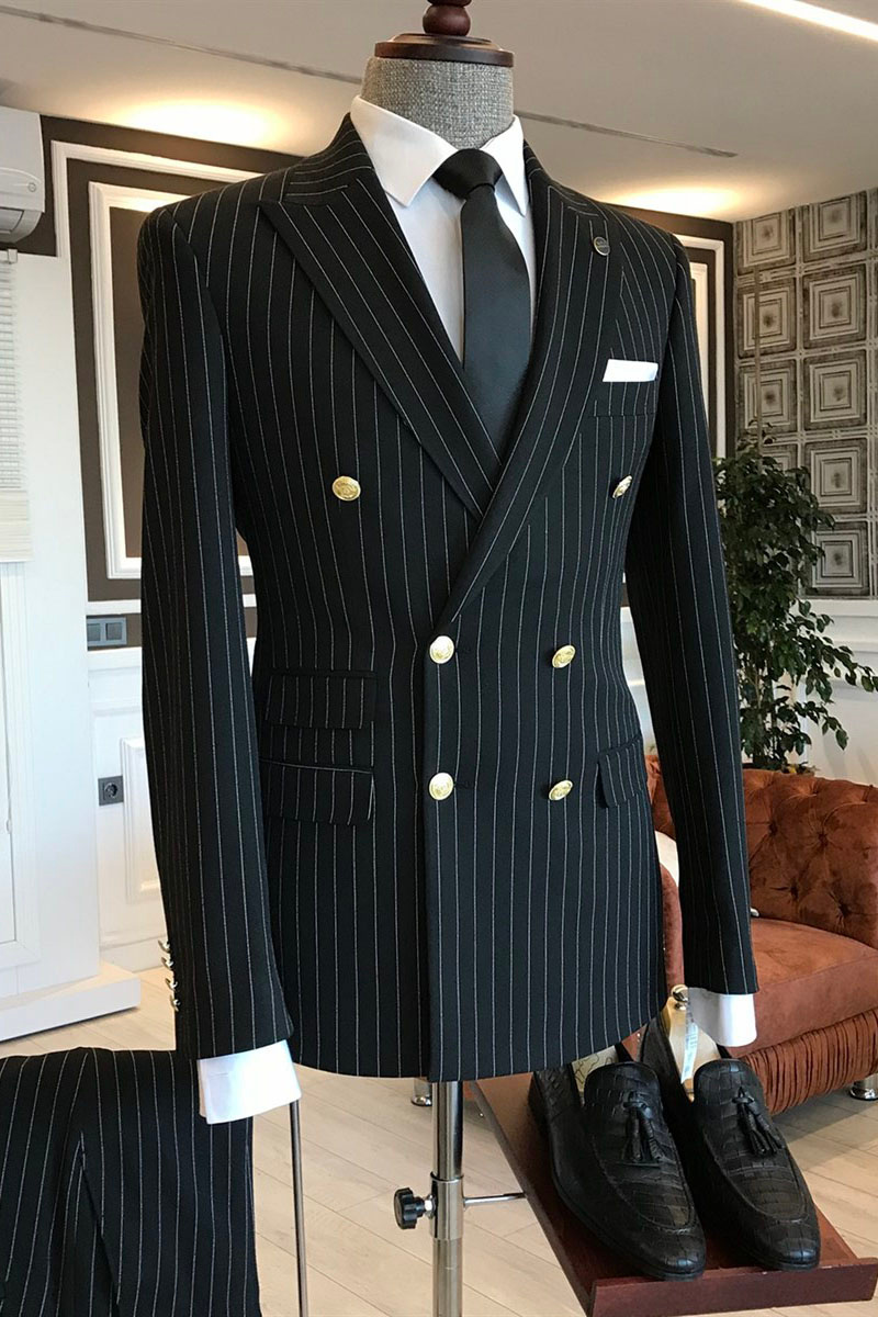 Tab Fashion Black Striped Point Lapel Double Breasted Business Suit