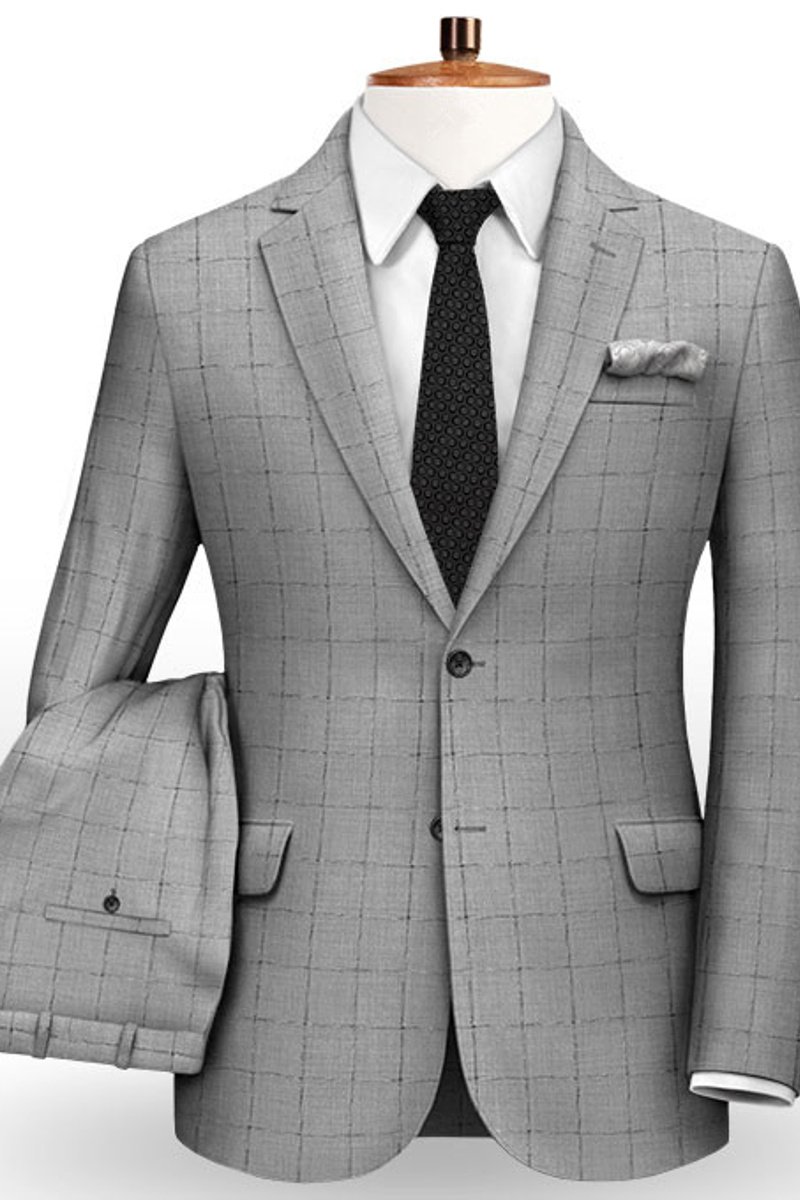 Grey Plaid Two-Piece Suit Slim Fit Tuxedo
