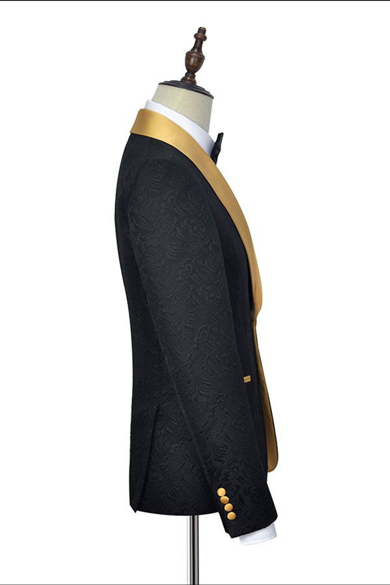 Gold Shawl Lapel One-Button Wedding Tuxedo Black Jacquard Ball Suit