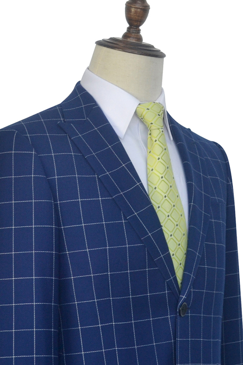 Flap Pocket Peak Lapel Grey Plaid Navy Blue Suit