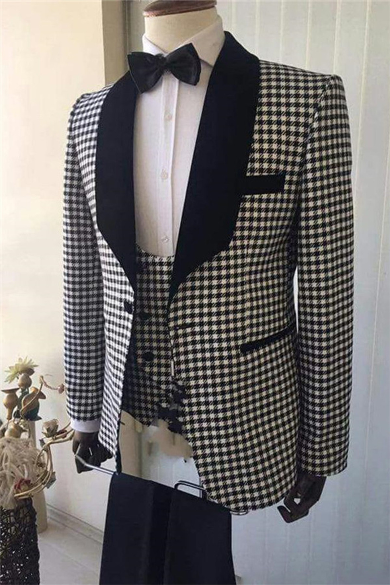 Lapel Shawl Plaid Prom Suit Black Formal Business Suit
