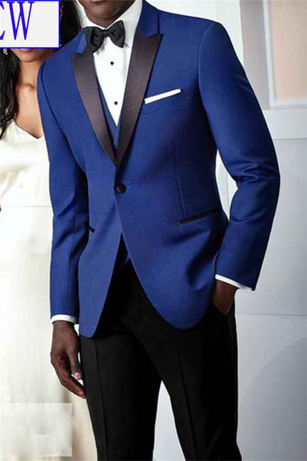 Royal Blue And Black Peak Lapel Prom Men Suit Three Pieces Tuxedo