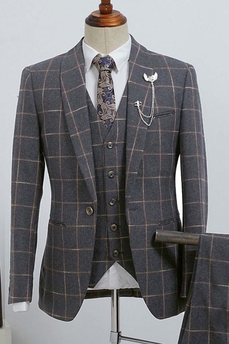 Barlow Stylish Dark Grey Plaid Three-Piece Slim Fit Business Suit