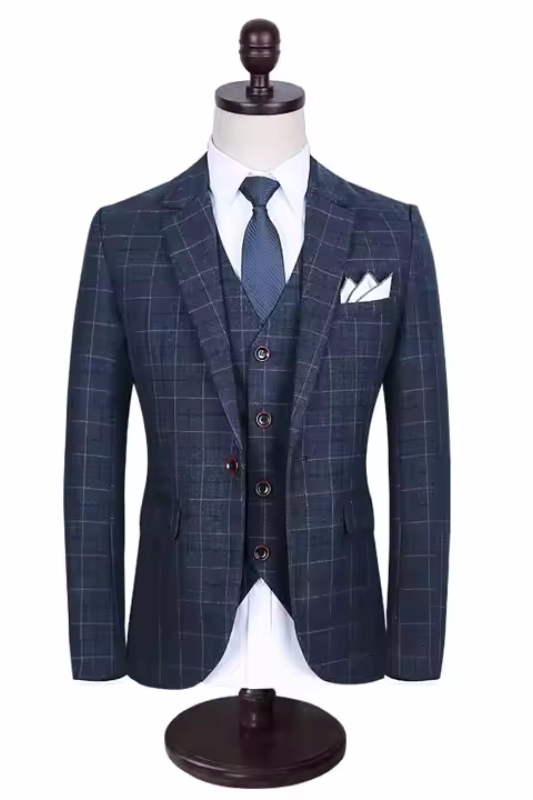 Navy Blue Notched Lapel Three-Piece Plaid Business Suit