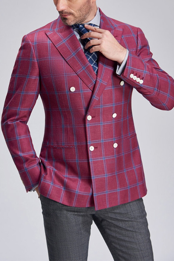Men Gentleman Blue Plaid Lapel Double Breasted Blazer