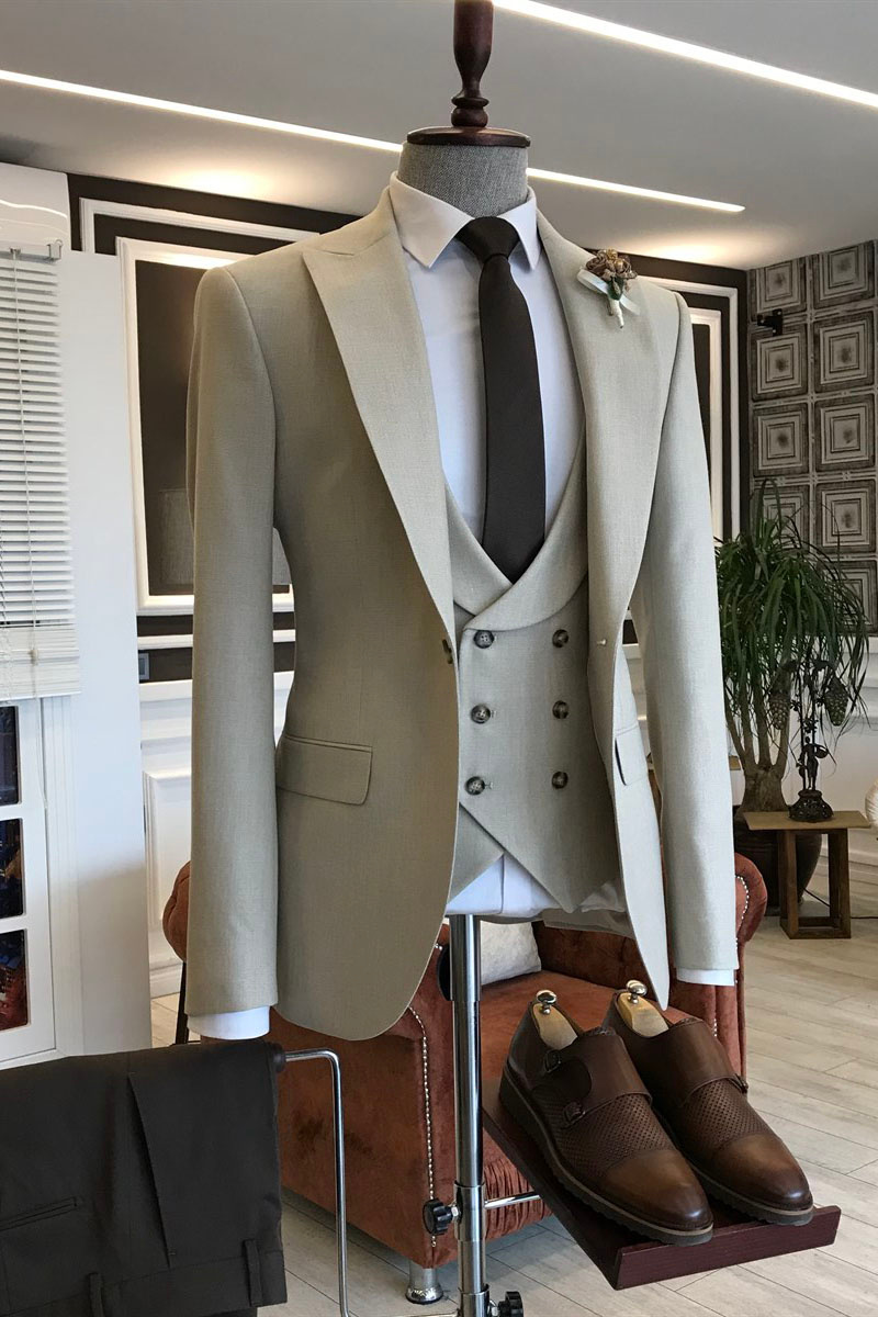 Elmer Formal Light Khaki Three Piece Double Breasted Two Flap Business Suit