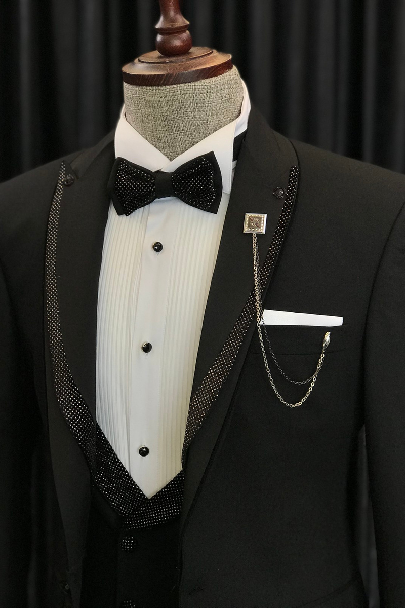 Benjamin's Specially Designed Black Wedding Suit with Shiny Black Pointed Lapels