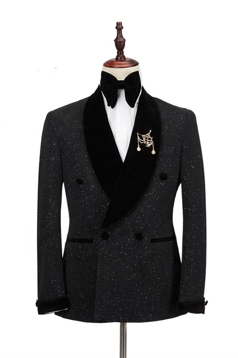 Edward Shawl Lapel Double-Breasted Shiny Black Wedding Suit