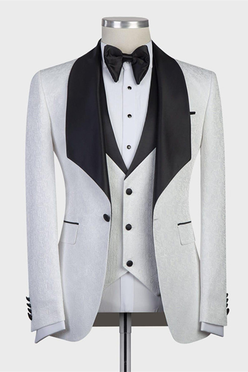 Paxton White Three-Piece Jacquard Groom Suit with Black Shawl Lapel