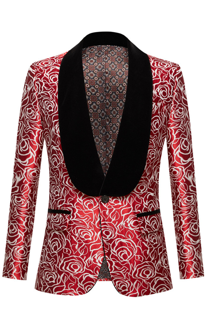 Red Rose Slim Fit Jacquard Shawl Collar One Button Men's Prom Suit