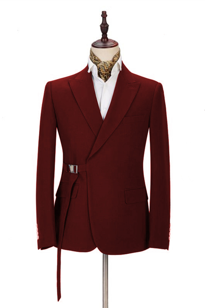 Stylish Peak Lapel Buckle Button Formal Burgundy Two-Piece Casual Suit Online