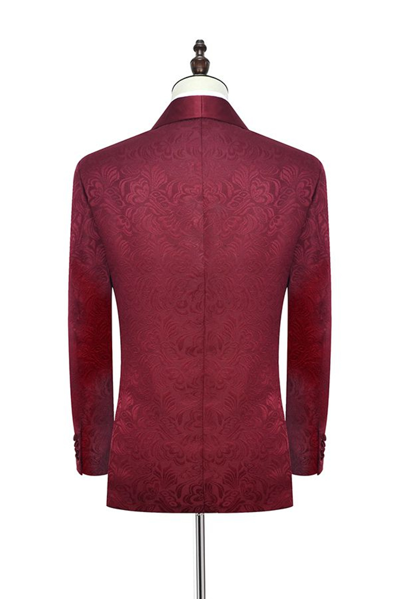 Luxury Burgundy Jacquard One-Button Silk Shawl Lapel Wedding and Prom Suit