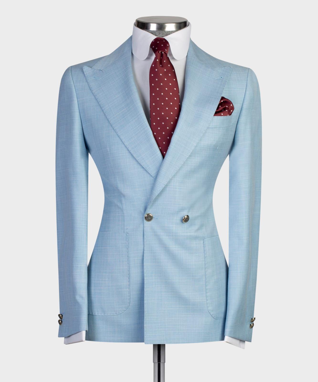 Fashion Sky Blue Double Breasted Men Suits With Point Collar