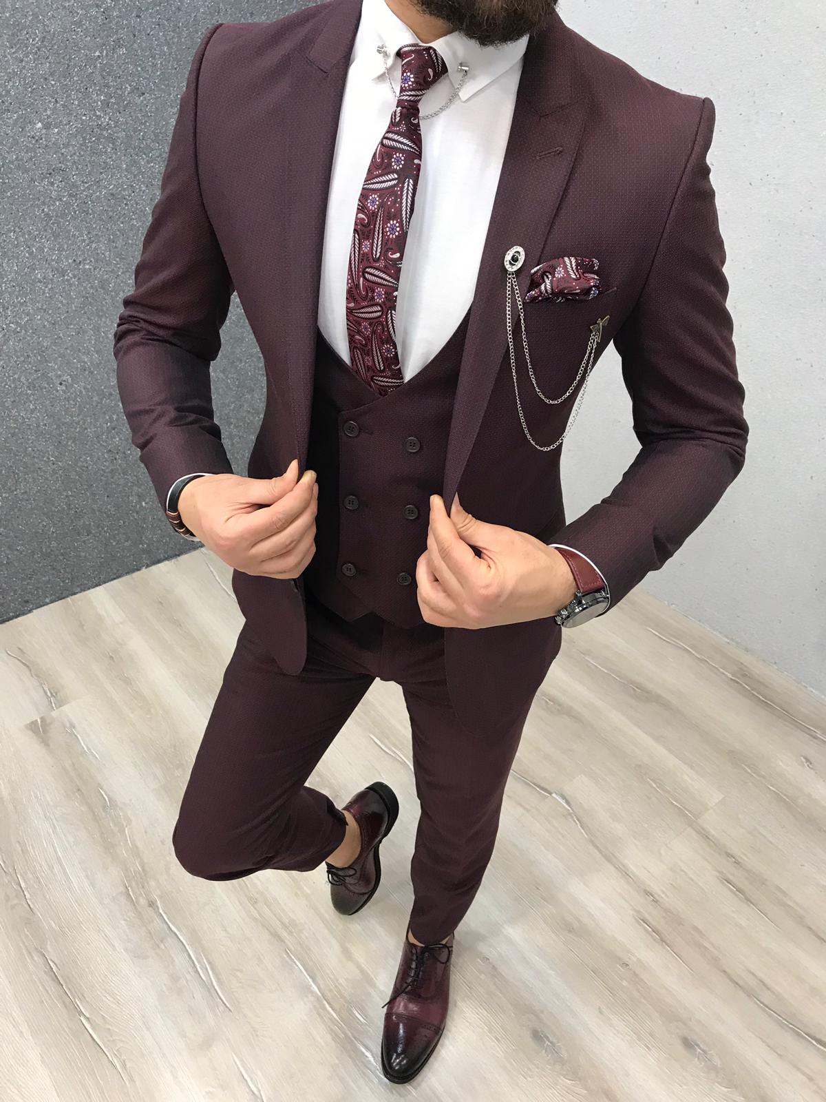 Warren Burgundy Three Piece Slim Fit Pointed Lapel Men Suit