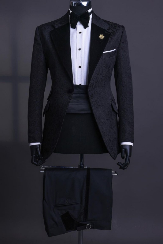 Black Jacquard Notched Lapel Two Pieces Prom Suits