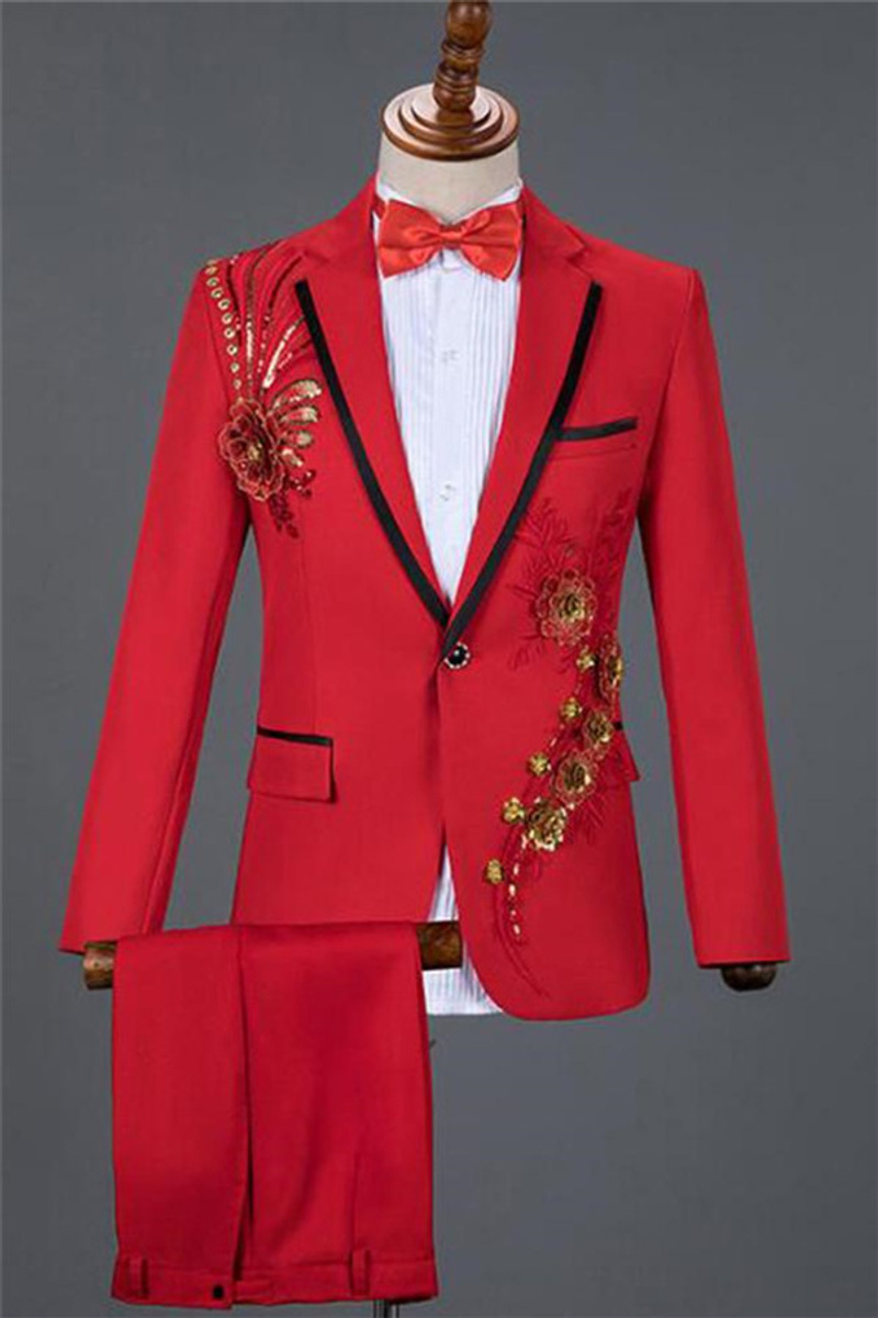 Red Sequin Embroidered Lace Floral Men Tuxedo Fashion One-Click Prom Men Suits Online
