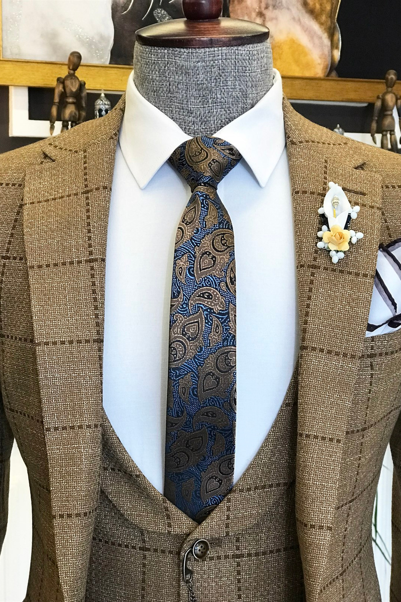 Archibald New Brown Plaid Lapel Three-Piece Business Suit