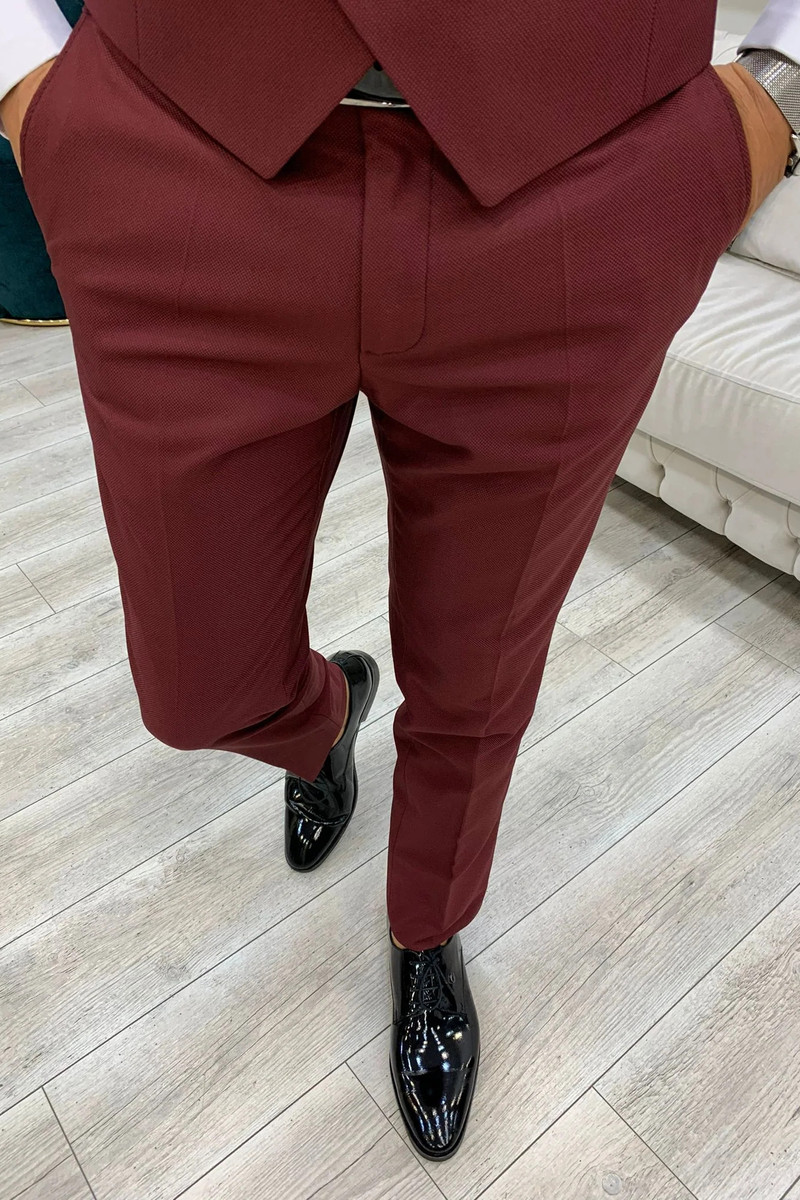 Allen Burgundy Velvet Slim Fit Three-Piece Tuxedo with Shawl Lapel