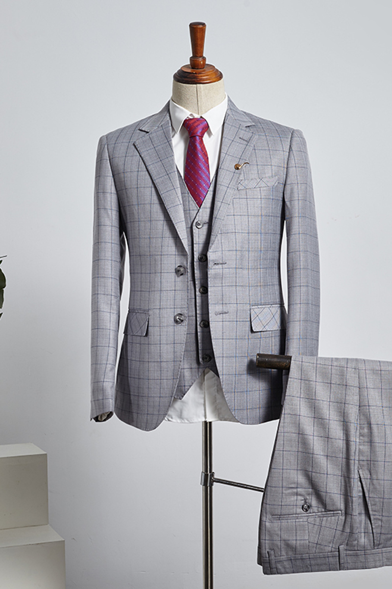 Buck Sleek Grey Plaid Three-Pack Slim Fit Suit