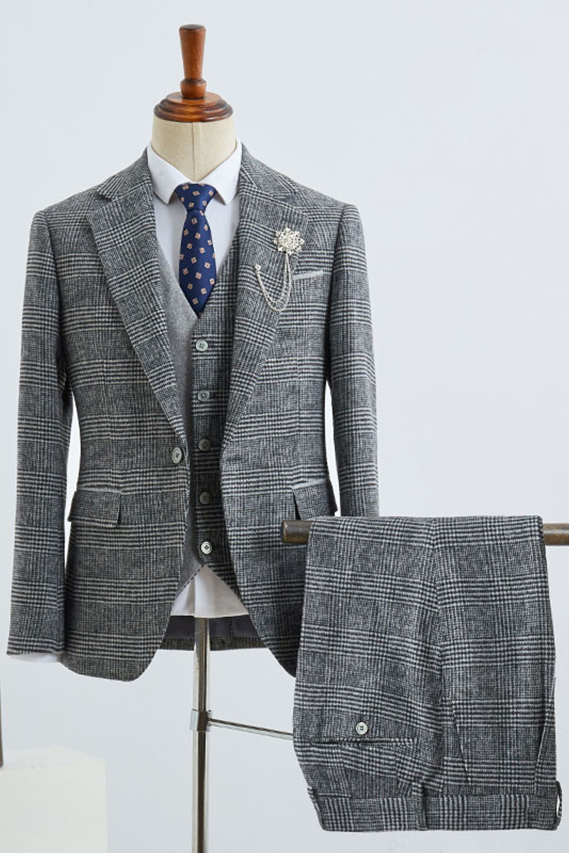 Broderick Grey Small Plaid Notched Lapel One-Button Tailored Suit