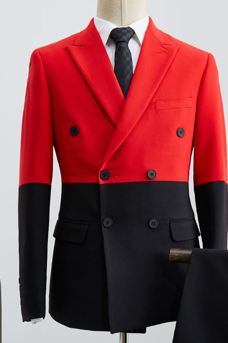 Bruno's Unique Black And Red Point Lapel Double Breasted Prom Suit