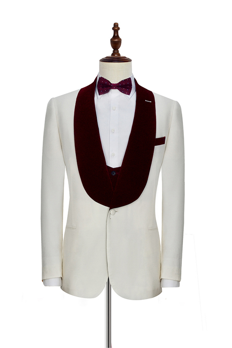 Velvet Shawl Collar White Wedding Tuxedo Burgundy Three-Piece Suit