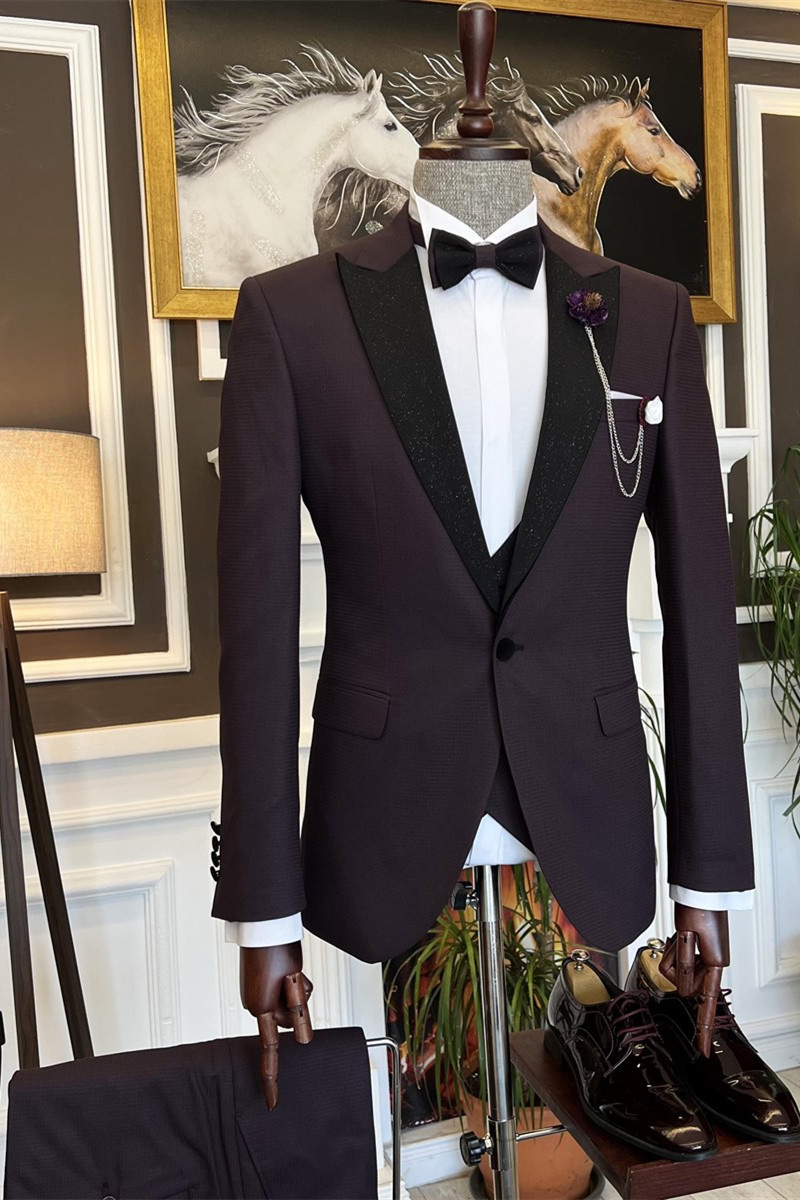 Baldwin Stylish Dark Purple Three-Piece Suit with Shiny Peaked Lapel