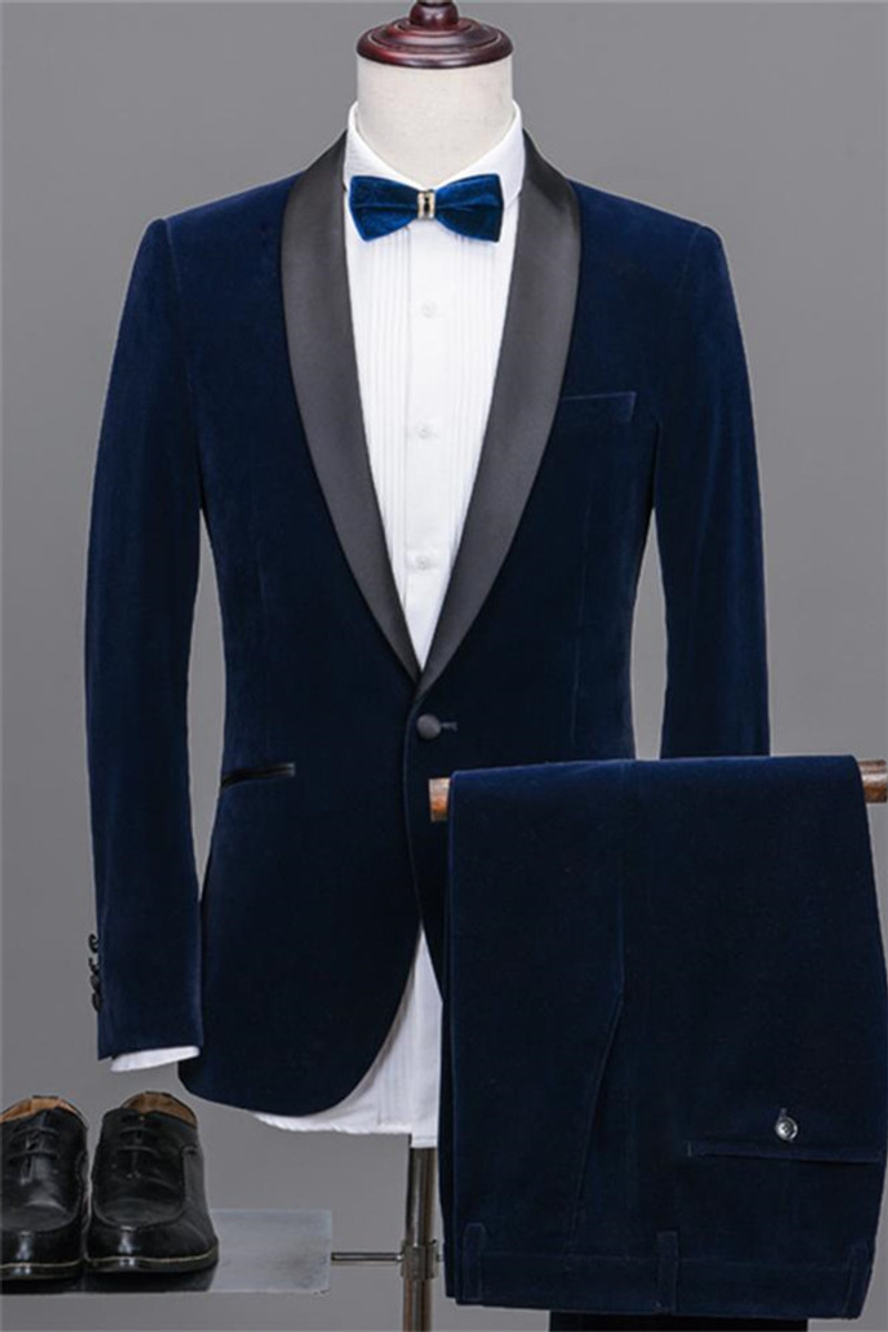 Navy Shawl Lapel Velvet Prom Suit Best Men Tuxedo