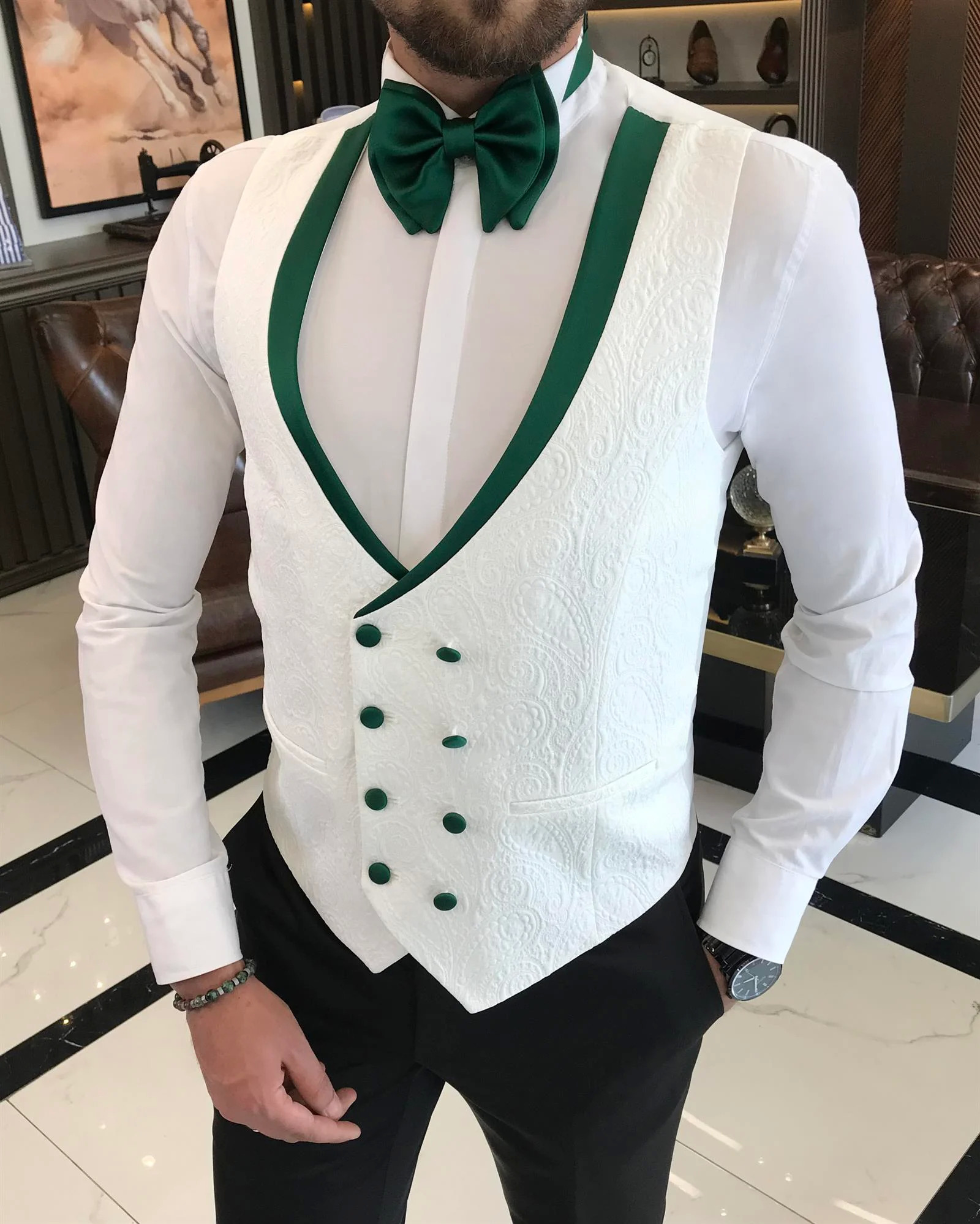 White Slim Fit Lapel Collar Jacket, Vest, and Trousers Groom Suit Gold Collar/White Pants & Green Collar/Black Pants