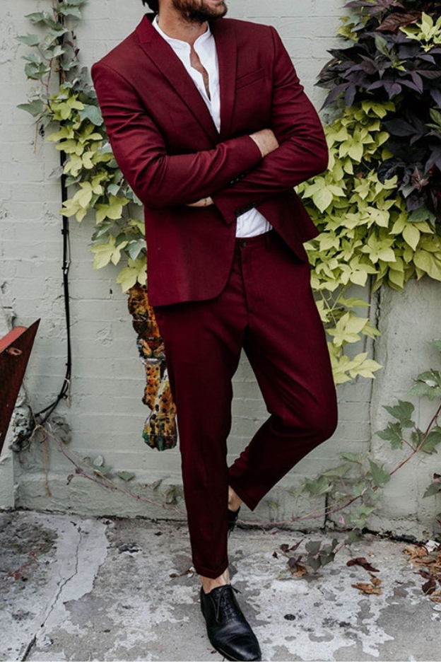 Chad Regular Burgundy Point Lapel Fashion Two Piece Slim Fit Prom Suit