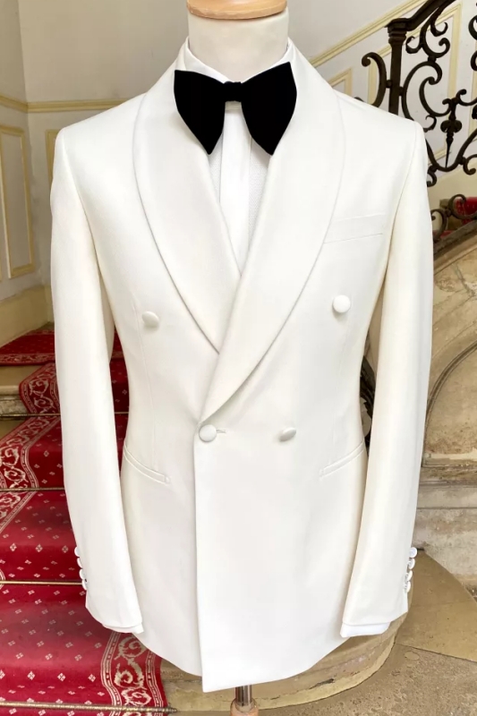 Chic White Wool Shawl Lapel Double-Breasted Wedding Suit White Pants